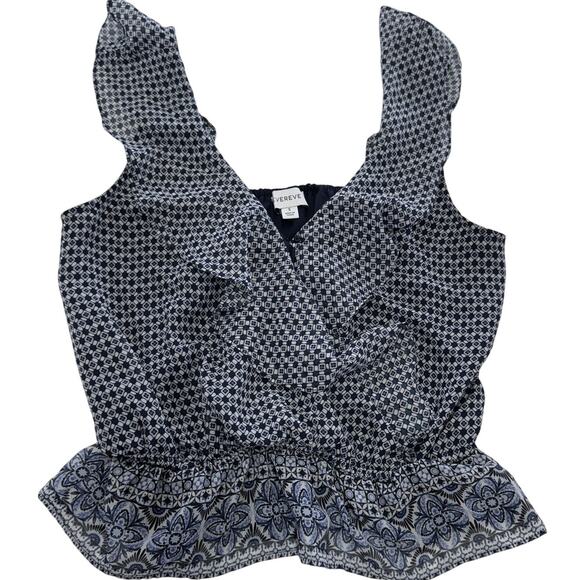 EVEREVE Shirt Womens Small Blue White Surplice V Neck Peplum Ruffle Sleeveless - Picture 1 of 7
